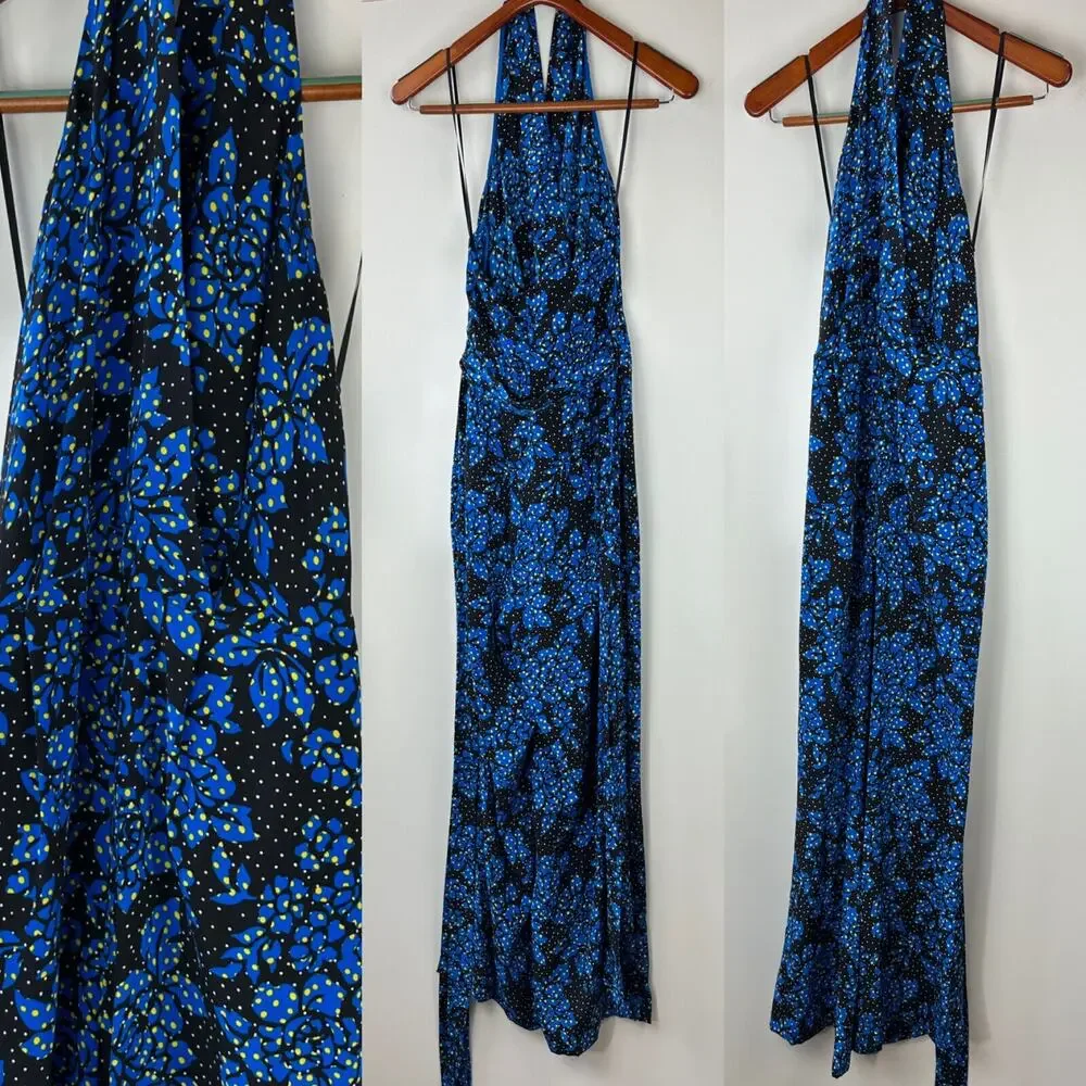 DVF Diane Von Furstenberg 100% Silk Black & Blue Halter Jumpsuit Women's Size 12 - Picture 7 of 16